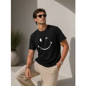 Erkek Minimal Gülümseyen Yüz Baskılı Tişört Kısa Kol Yazlık T-Shirt - Siyah