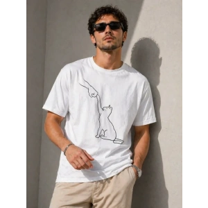 Erkek Minimal Kedi Çizim Baskılı Tişört Kısa Kol Yazlık T-Shirt - Beyaz