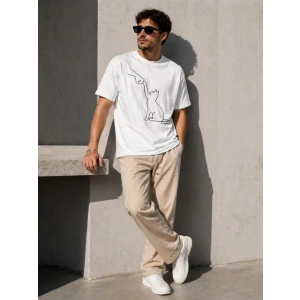 Erkek Minimal Kedi Çizim Baskılı Tişört Kısa Kol Yazlık T-Shirt - Beyaz