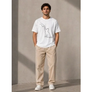 Erkek Minimal Kedi Çizim Baskılı Tişört Kısa Kol Yazlık T-Shirt - Beyaz