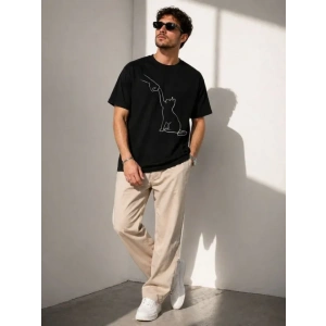 Erkek Minimal Kedi Çizim Baskılı Tişört Kısa Kol Yazlık T-Shirt - Siyah
