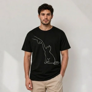 Erkek Minimal Kedi Çizim Baskılı Tişört Kısa Kol Yazlık T-Shirt - Siyah