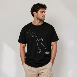 Erkek Minimal Kedi Çizim Baskılı Tişört Kısa Kol Yazlık T-Shirt - Siyah