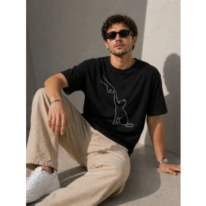 Erkek Minimal Kedi Çizim Baskılı Tişört Kısa Kol Yazlık T-Shirt - Siyah