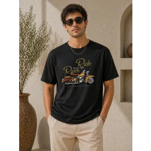 Erkek Motosiklet Baskılı Tişört Bisiklet Yaka Kısa Kol Yazlık T-Shirt - Siyah
