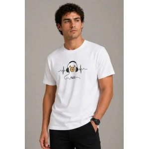 Erkek Müzik Temalı Baskılı Tişört Bisiklet Yaka Kısa Kol T-Shirt - Beyaz