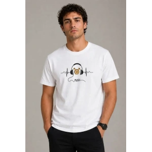 Erkek Müzik Temalı Baskılı Tişört Bisiklet Yaka Kısa Kol T-Shirt - Beyaz