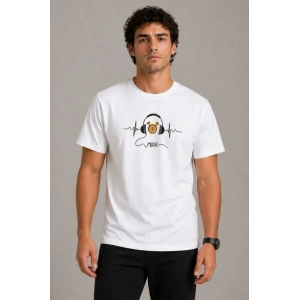 Erkek Müzik Temalı Baskılı Tişört Bisiklet Yaka Kısa Kol T-Shirt - Beyaz
