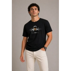 Erkek Müzik Temalı Baskılı Tişört Bisiklet Yaka Kısa Kol T-Shirt - Siyah