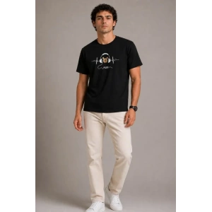 Erkek Müzik Temalı Baskılı Tişört Bisiklet Yaka Kısa Kol T-Shirt - Siyah