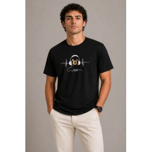 Erkek Müzik Temalı Baskılı Tişört Bisiklet Yaka Kısa Kol T-Shirt - Siyah