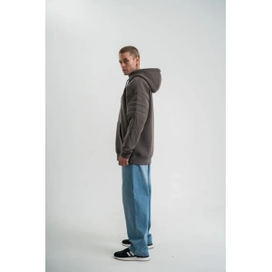 Erkek Nakış İşlemeli Kapşonlu Antrasit Sweatshirt Üç İplik Double Oversize- Füme