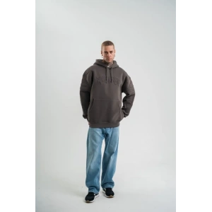 Erkek Nakış İşlemeli Kapşonlu Antrasit Sweatshirt Üç İplik Double Oversize- Füme