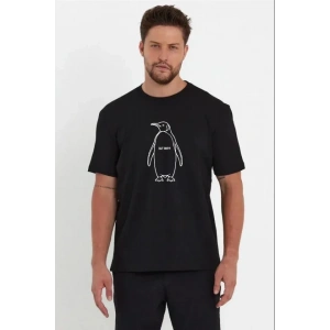 Erkek Nihilist Penguen Özel Tasarım Oversize Bisiklet Yaka Tişört - Siyah