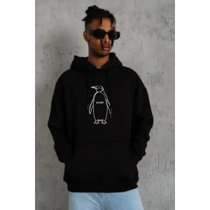 Erkek Nihilist Penguen Özel Tasarım Oversize Kapüşonlu Sweatshirt - Siyah