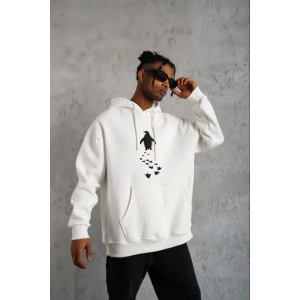 Erkek Nihilist Penguen Temalı Oversize Kapüşonlu Sweatshirt - Beyaz