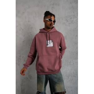 Erkek Ön Arka Baskılı Kapşonlu Sweat - Gül Kurusu