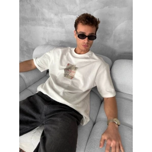Erkek Ön Ve Arka Baskılı Oversize Bisiklet Yaka T-shirt - Beyaz