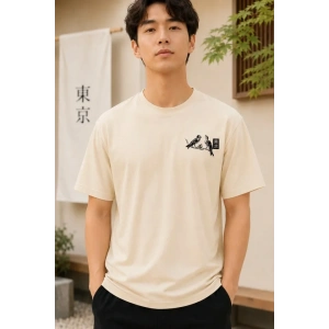 Erkek Ön Ve Arka Tokyo Kuş Çiçek Baskılı Oversize T-Shirt - Ekru