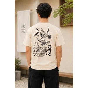 Erkek Ön Ve Arka Tokyo Kuş Çiçek Baskılı Oversize T-Shirt - Ekru
