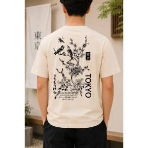 Erkek Ön Ve Arka Tokyo Kuş Çiçek Baskılı Oversize T-Shirt - Ekru