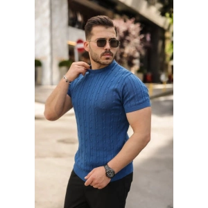 Erkek Örgü Desen Bisiklet Yaka Triko Tişört - %100 Pamuk Akrilik