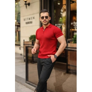Erkek Örgü Desen Fermuar Yakalı Triko Tişört