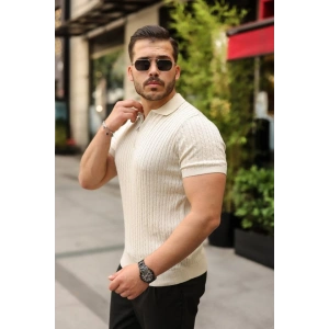 Erkek Örgü Desen Fermuar Yakalı Triko Tişört