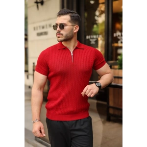 Erkek Örgü Desen Fermuar Yakalı Triko Tişört