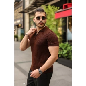 Erkek Örgü Desen Fermuar Yakalı Triko Tişört