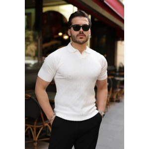 Erkek Örgü Desen Yakalı Kısa Kollu Triko Tişört