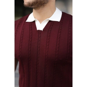 Erkek Örgü Desen Yakalı Kısa Kollu Triko Tişört - %100 Pamuk Akrilik