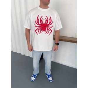 Erkek Örümcek Baskılı Tişört Kısa Kollu Bisiklet Yaka T-Shirt - Beyaz