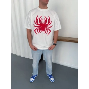Erkek Örümcek Baskılı Tişört Kısa Kollu Bisiklet Yaka T-Shirt - Beyaz