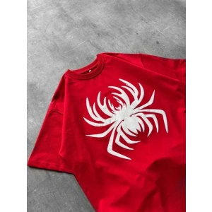 Erkek Örümcek Baskılı Tişört Kısa Kollu Bisiklet Yaka T-Shirt - Kırmızı