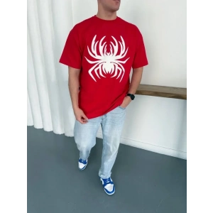 Erkek Örümcek Baskılı Tişört Kısa Kollu Bisiklet Yaka T-Shirt - Kırmızı