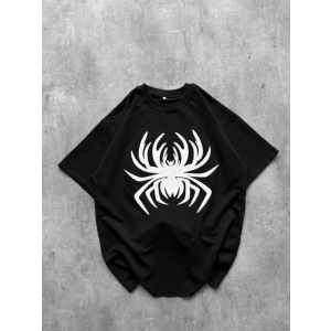Erkek Örümcek Baskılı Tişört Kısa Kollu Bisiklet Yaka T-Shirt - Siyah