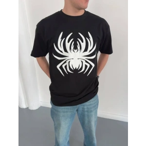 Erkek Örümcek Baskılı Tişört Kısa Kollu Bisiklet Yaka T-Shirt - Siyah