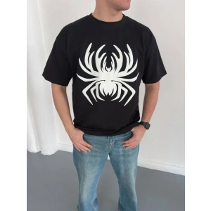 Erkek Örümcek Baskılı Tişört Kısa Kollu Bisiklet Yaka T-Shirt - Siyah