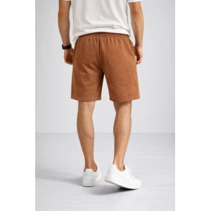 Erkek Otoban Dokuma Şort Beli Lastikli Bağcıklı, Cepli, Rahat Kesim Günlük Yazlık Şort - Kahverengi