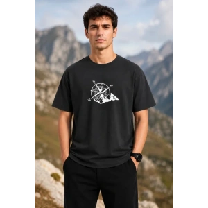 Erkek Outdoor Pusula Dağ Baskılı Kısa Kollu Oversize T-Shirt - Siyah