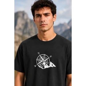 Erkek Outdoor Pusula Dağ Baskılı Kısa Kollu Oversize T-Shirt - Siyah