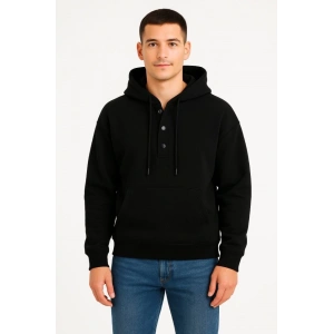 Erkek Ovarsize Kapüşonlu Swetshirt Kanguru Çepli Cıtcıtlı 3 Iplik Şardonlu Hoodie - Siyah