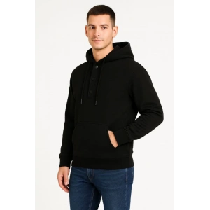 Erkek Ovarsize Kapüşonlu Swetshirt Kanguru Çepli Cıtcıtlı 3 Iplik Şardonlu Hoodie - Siyah