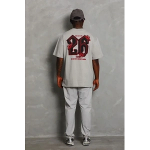 ERKEK Oversize Baskılı Bisiklet Yaka T-Shirt - Gri