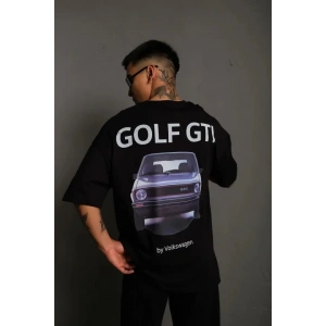 Erkek Oversize Baskılı Tişört – Golf GTI Retro Araba Desenli, Ön - Arka Dijital Baskı, Sokak Modası Stil - Siyah