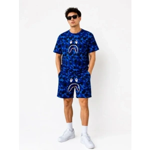 Erkek Oversize Kalıp Pubg Bape X Shark Nakışlı Cepli Şort Takım - Mavi
