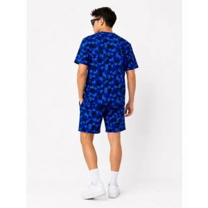 Erkek Oversize Kalıp Pubg Bape X Shark Nakışlı Cepli Şort Takım - Mavi
