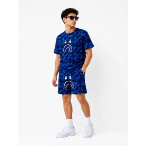 Erkek Oversize Kalıp Pubg Bape X Shark Nakışlı Cepli Şort Takım - Mavi
