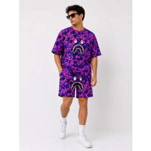 Erkek Oversize Kalıp Pubg Bape X Shark Nakışlı Cepli Şort Takım - Mor
